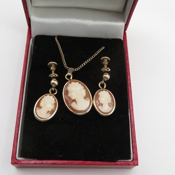 Van Dell Vintage Cameo Necklace Earrings Set 12K Gold Filled - Picture 10 of 12